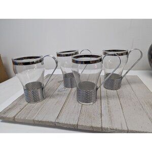 Set 4 Federal Soda Fountain Glass Silver Basket Weave Holder Handle Removable